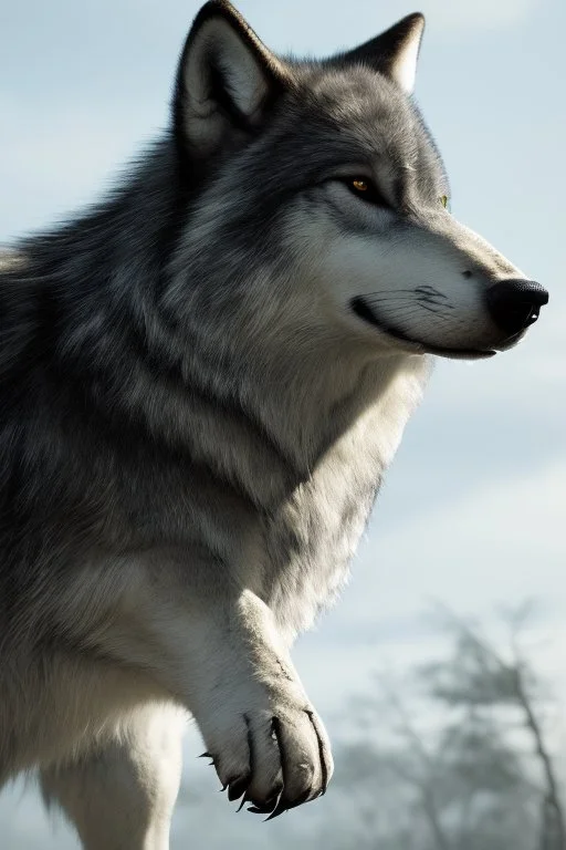 A huge wolf with green eyes and orrange fur