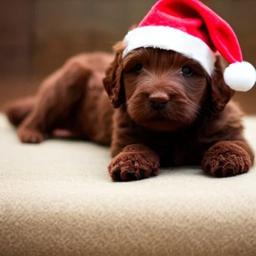 brown labradoodle puppy with a santa hat, very cute, adorable