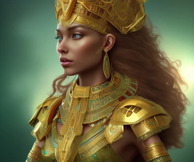 Beautiful brown pharaonic queen, golden and green pharaonic dress, clear, clear features, too many details, 4k, 8k