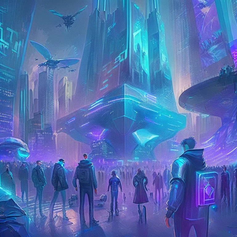 A group of people gather in a futuristic plaza, surrounded by towering skyscrapers and holographic advertisements. The plaza is filled with blue and purple light, and flying vehicles can be seen in the background. Digital art