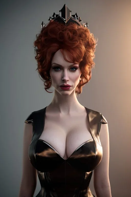 Christina Hendricks as evil queen in black leather gown, feminie, angry, stern look on her face, volouptous, busty, cleavage, emperious, mature, style of frank miller sin city, unreal 5, octane render,cinema4d, dynamic lighting, dramatic lighting, 4k, redshift render, highly detailed, hyper realistic, inside dungeon