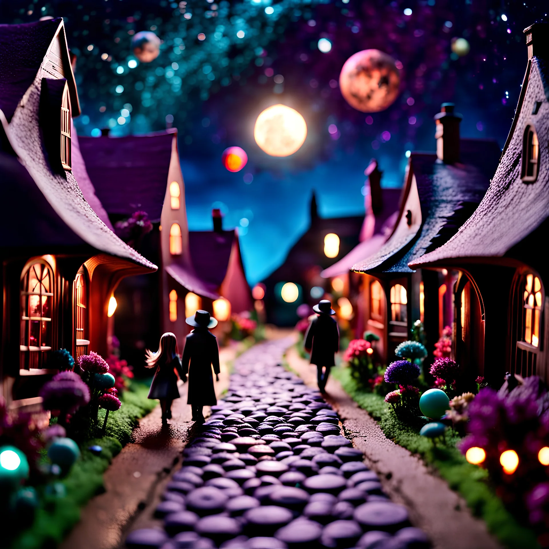 People walking, creepy street made of modeling clay, village, stars, galaxy and planets, sun, volumetric light flowers, naïve, Tim Burton, strong texture, extreme detail, Max Ernst, decal, rich moody colors, saloon, sparkles, Harry Potter, bokeh, odd