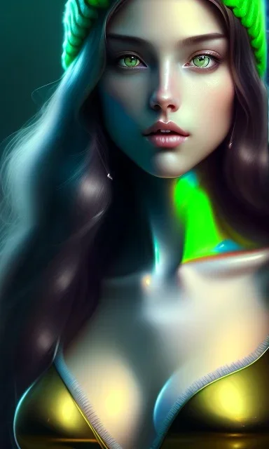 girl, cute, beautiful, long hair, wavy hair, green hair, blue eyes, green beanie, green bra,big titts, black tee shirt, head and shoulders portrait, 8k resolution concept art portrait by Greg Rutkowski, Artgerm, WLOP, Alphonse Mucha dynamic lighting hyperdetailed intricately detailed