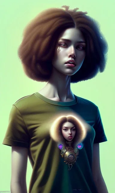 girl, cute, beautiful, curly locks, black hair, green skin, brown eyes, black tee shirt, head and shoulders portrait, 8k resolution concept art portrait by Greg Rutkowski, Artgerm, WLOP, Alphonse Mucha dynamic lighting hyperdetailed intricately detailed