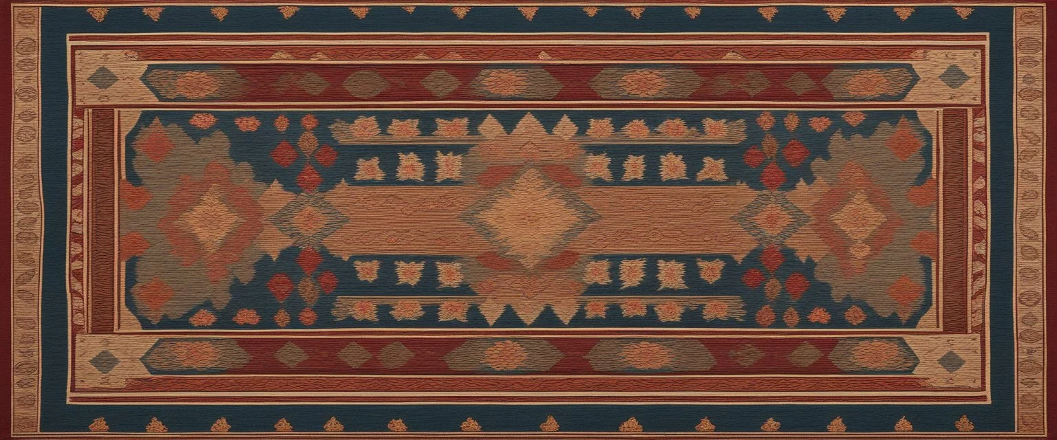 Traditional Pakistani Carpet Design With Intricate Details & Floral Patterns Using Colors Like (Golden, Orange, Red, Maroon, Gree, Brown, And Navy-Blue).