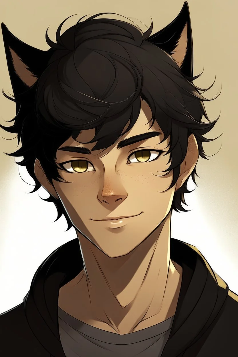 At young male with messy black hair, gold eyes, large black cat ears, slight smile, tan skin