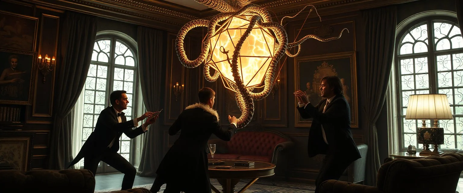 Some well dressed goths fighting to contain energy from floating glowing vessel made by twisted snakelike sticks creating weird geometric form in dramatic scene in luxury parlour in the style of Giger and Escher