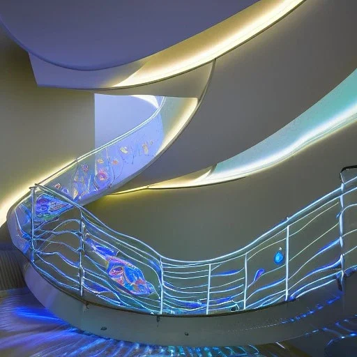 10 Grenelle, biomorphic structure , staircase , morphed with electronic wiring and mixed with lights , bioluminescence, centrepiece,France, interior design, Les Echos, Le Parisien, LVMH, media division, minimalist, office environment, parametric sculpture, Paris, refined details, staircase , colorful lights background, masterpiece of Ora Ito