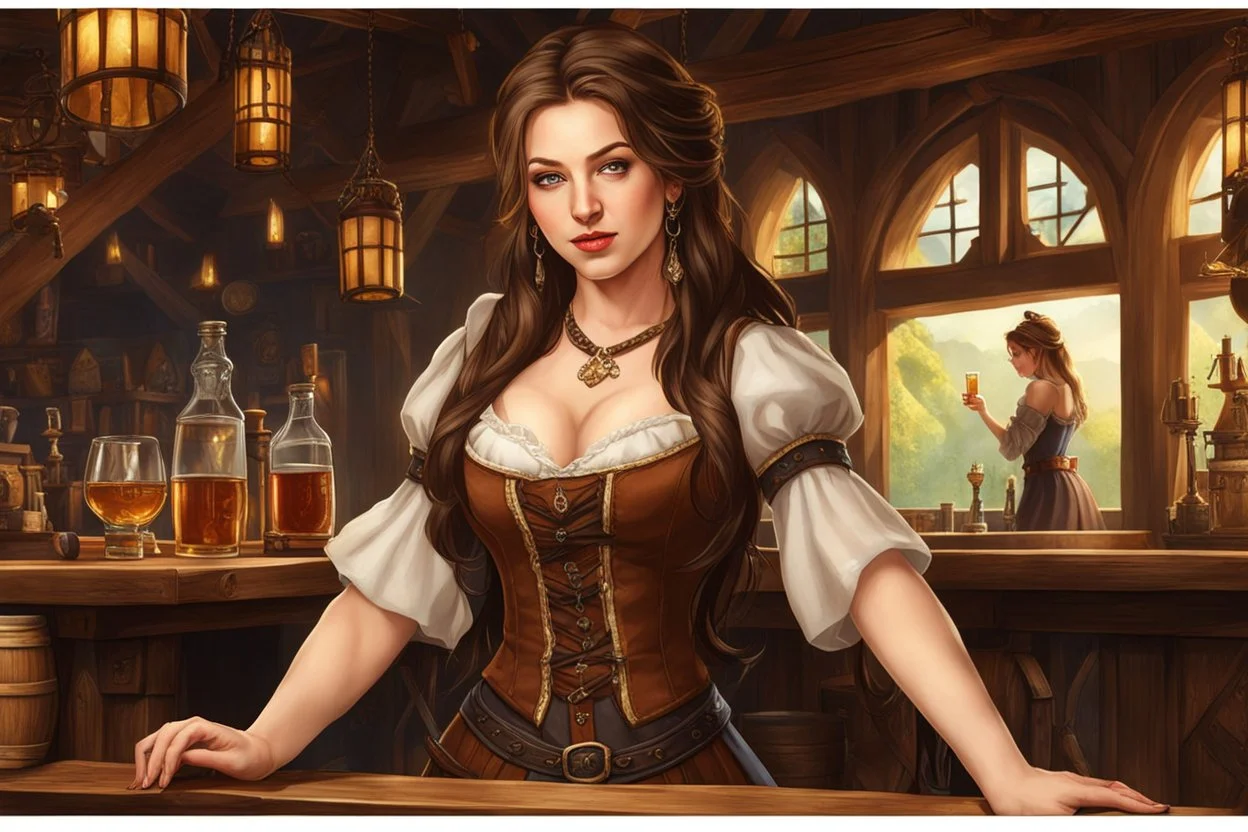 A young woman with pale skin and long brown hair in a fantasy tavern setting with intricate details. She is a tavern wench who is serving alcohol to a party of adventurers. High definition.