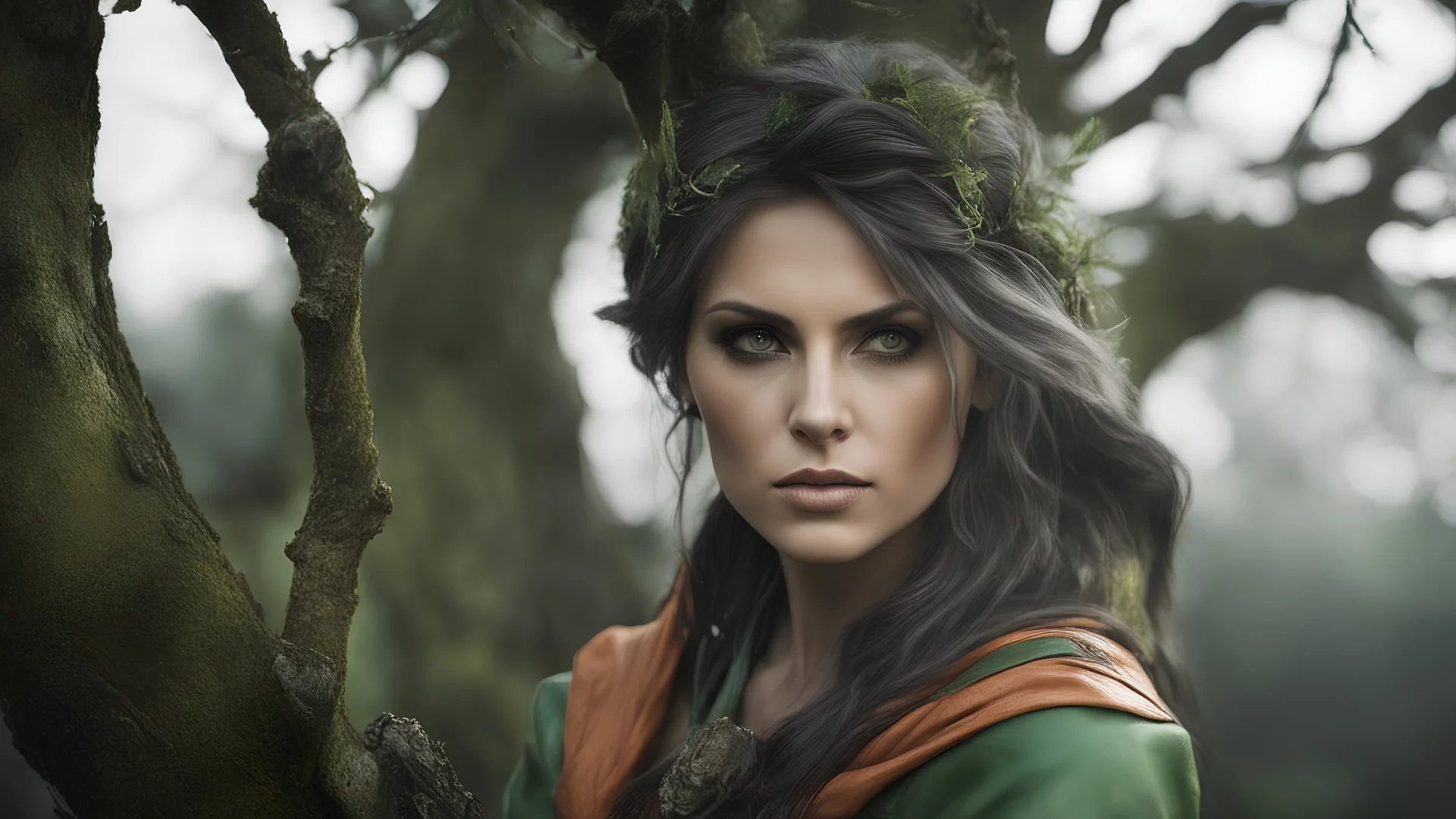 photoreal thirty-year-old gorgeous Guardian high priestess of the Eladrin with leather skin with mystical eyes looking like charlize theron wearing green and orange garments looking down perching on a tree branch at dawn by lee jeffries, otherworldly creature, in the style of fantasy movies, photorealistic, shot on Hasselblad h6d-400c, zeiss prime lens, bokeh like f/0.8, tilt-shift lens 8k, high detail, smooth render, unreal engine 5, cinema 4d, HDR, dust effect, vivid colors