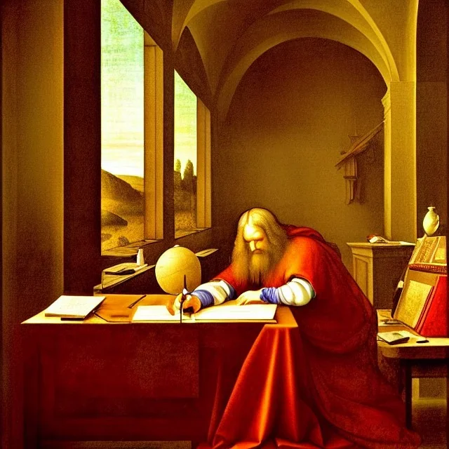 leonardo da vinci works in his study on a laptop at his desk. painting in photoshop. hyperdetailed, warm colors, movie poster, photoillustration, oil on canvas, lens flare