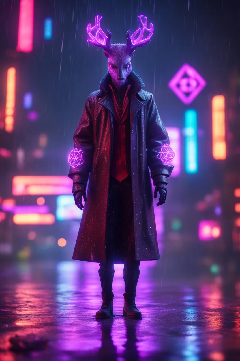 Volumetric buck lights,paradise sacred geometry framed playing card, black, red, spore and purple neon cyber punk dancer thief in soaked rain coat shadows boss card in the style of escher and fallout 4 ,,bokeh like f/0.8, tilt-shift lens 8k, high detail, smooth render, down-light, unreal engine