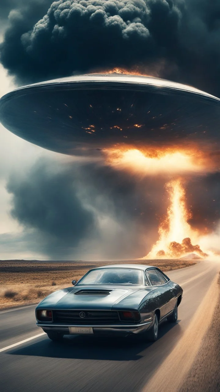 The image shows a photograph with a science fiction theme. Reflected in a side-view mirror, we see a car with passengers, driving on a desolate road. In the background, a large UFO hovers in the sky while multiple explosions erupt in the distance, sending up clouds of smoke and fire. The mirror's border frames this chaotic scene, juxtaposing a calm, seemingly oblivious drive with the dramatic events unfolding behind.