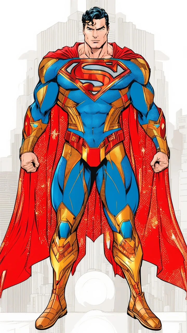 Superman in an advanced, decorated suit. The background is destroyed buildings and a sky colored with stars, planets and spaceships