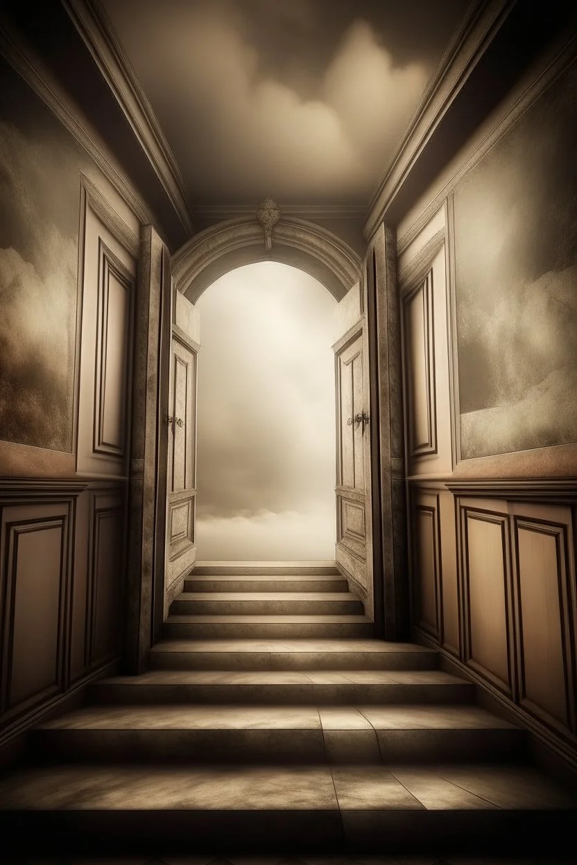 magic doorways. behind first door glass glossy staircase made of clouds leads up to the heaven. behind second door staircase made of stone leads down to the hell