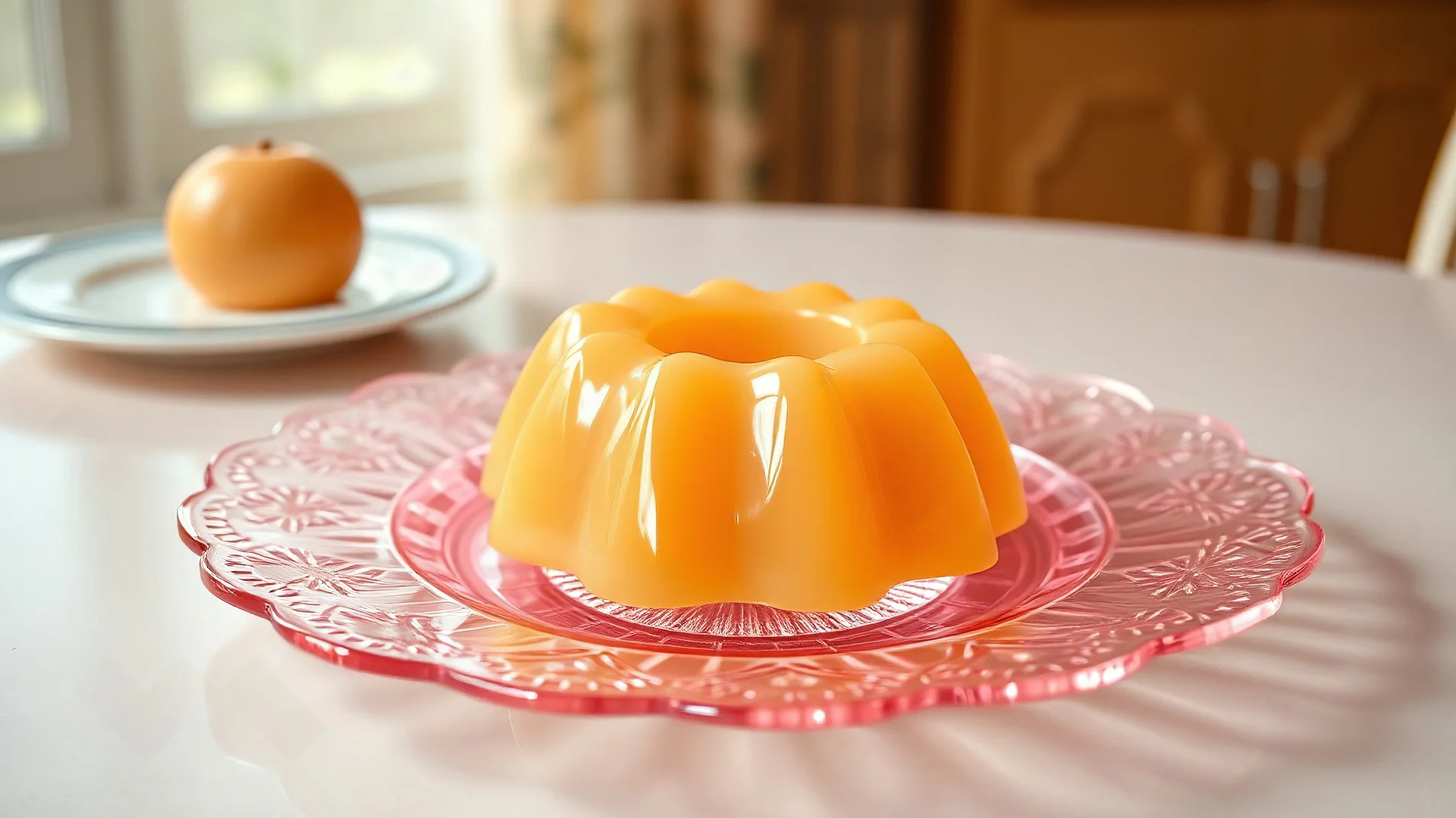 a 1950's style ornate peach jello on a retro pink crystal plate. the table should be pale linoleum