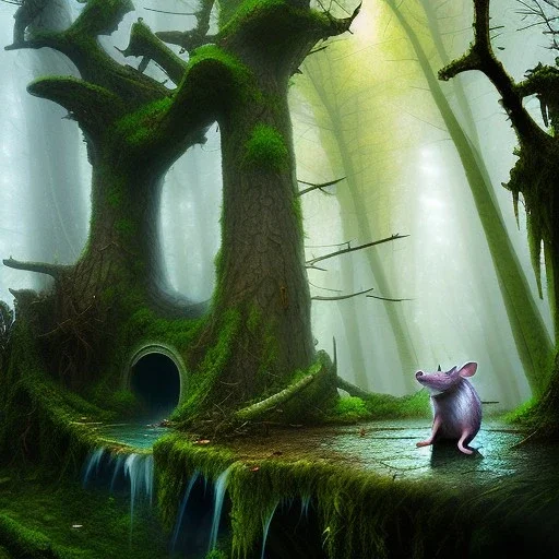 rat in the rotten forest, dark stone ruins, ponds, moisture, mist, fog, stunlight