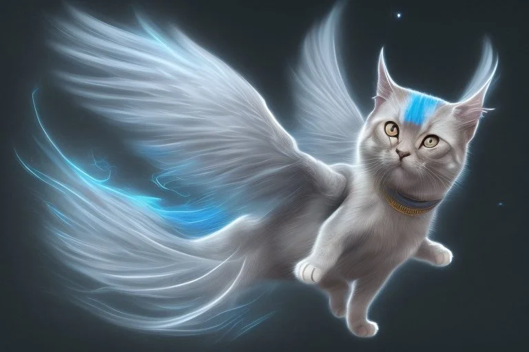 A cat with wings is flying in the sky. 3/4 side view. digital art.