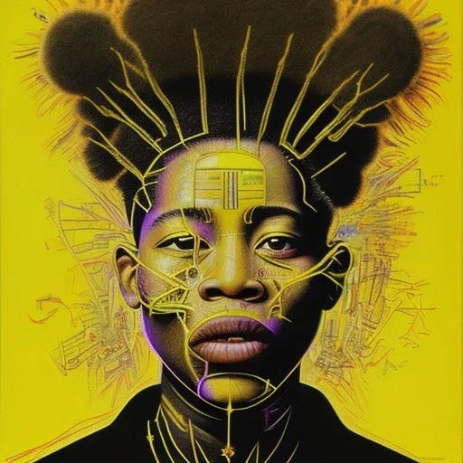 4K painting by Basquiat. Chakras. Sacred geometry. a brain exploding. kintsugi. Chaos. Portrait of a young black woman crying.a mind fracturing.confusion. Tears the colour of oil. Depression seeping out of her eyes nose and mouth like a oil spill Open mouth. Screaming