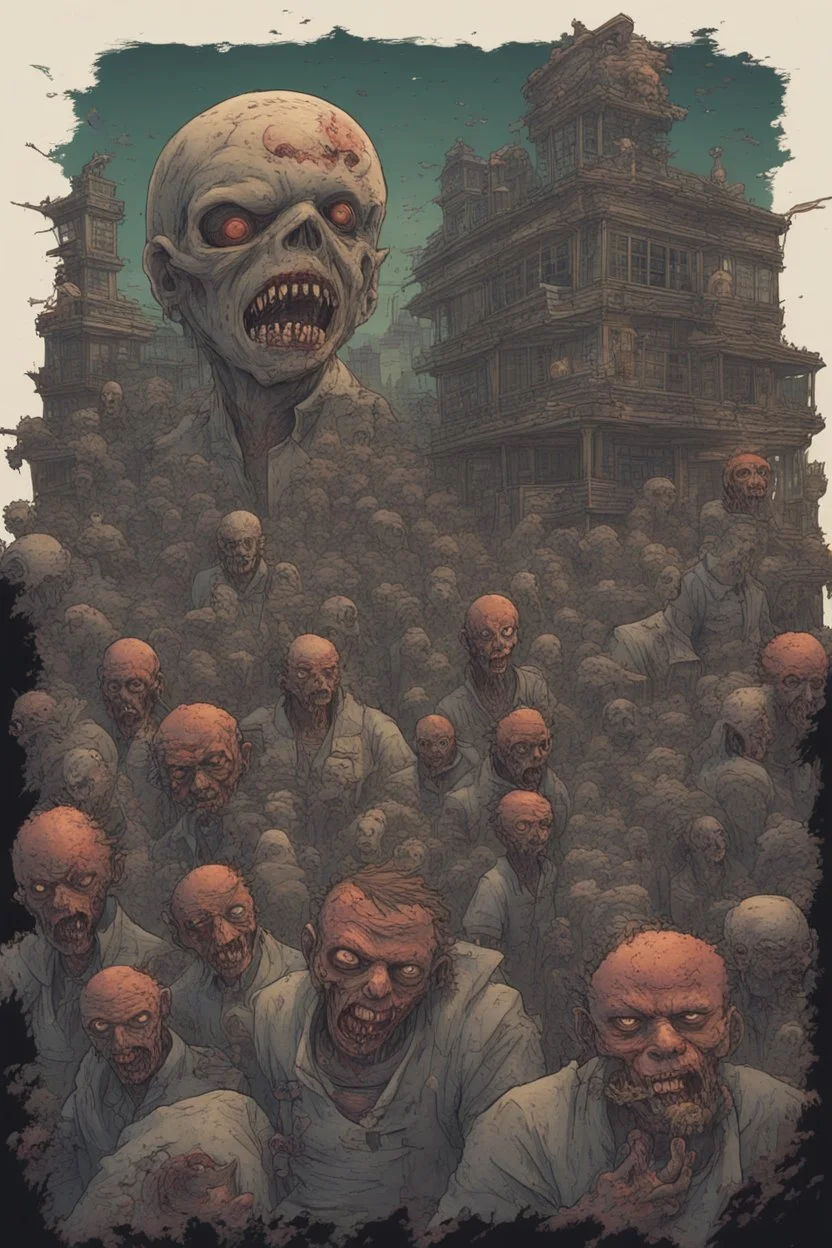 horror t-shirt illustration, very detailed, of zombies in a post apocalyptic city, highly detailed, high quality cosmic colors with surreal precision, zoom, full body, in Studio Ghibli style, echoing the atmospheric atmosphere of fear, blurring the line between reality and madness, anime ((32-bit:2.3) ) ((demon slayer:1.3)) , hyper-detailed holographic glow, light particles, panoramic view, resolution, challenging visuals photographed on a DSLR camera, instagram. com/canvas_art_a.i/, 32k resolut