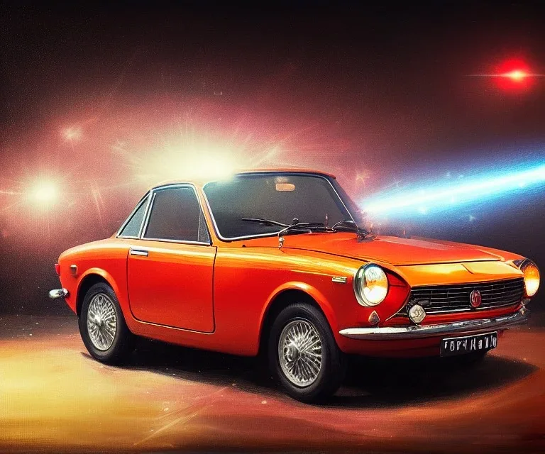 fiat 125p, city. high speed. bokeh. lens flare. warm lights. high detailed. oil on canvas