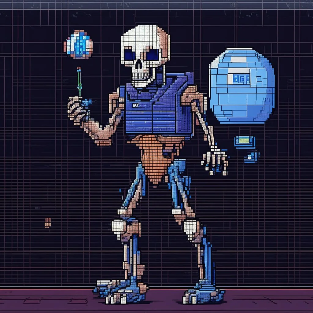 A pixel art cyberpunk version of the best football predictor master pundit soccer master skelleton