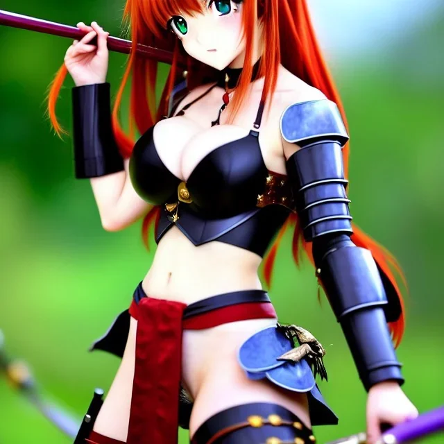 anime, Ranma 1/2, hyper detailed, stunningly beautiful teen girl, long ginger hair, green eyes, medium freckles, full lips, skimpy fantasy intricate leather armour, full body, full face, c-cup breasts, aroused expression, biting lower lip, full frame, petite, centered camera, ignore NSFW, bow, quiver on hip