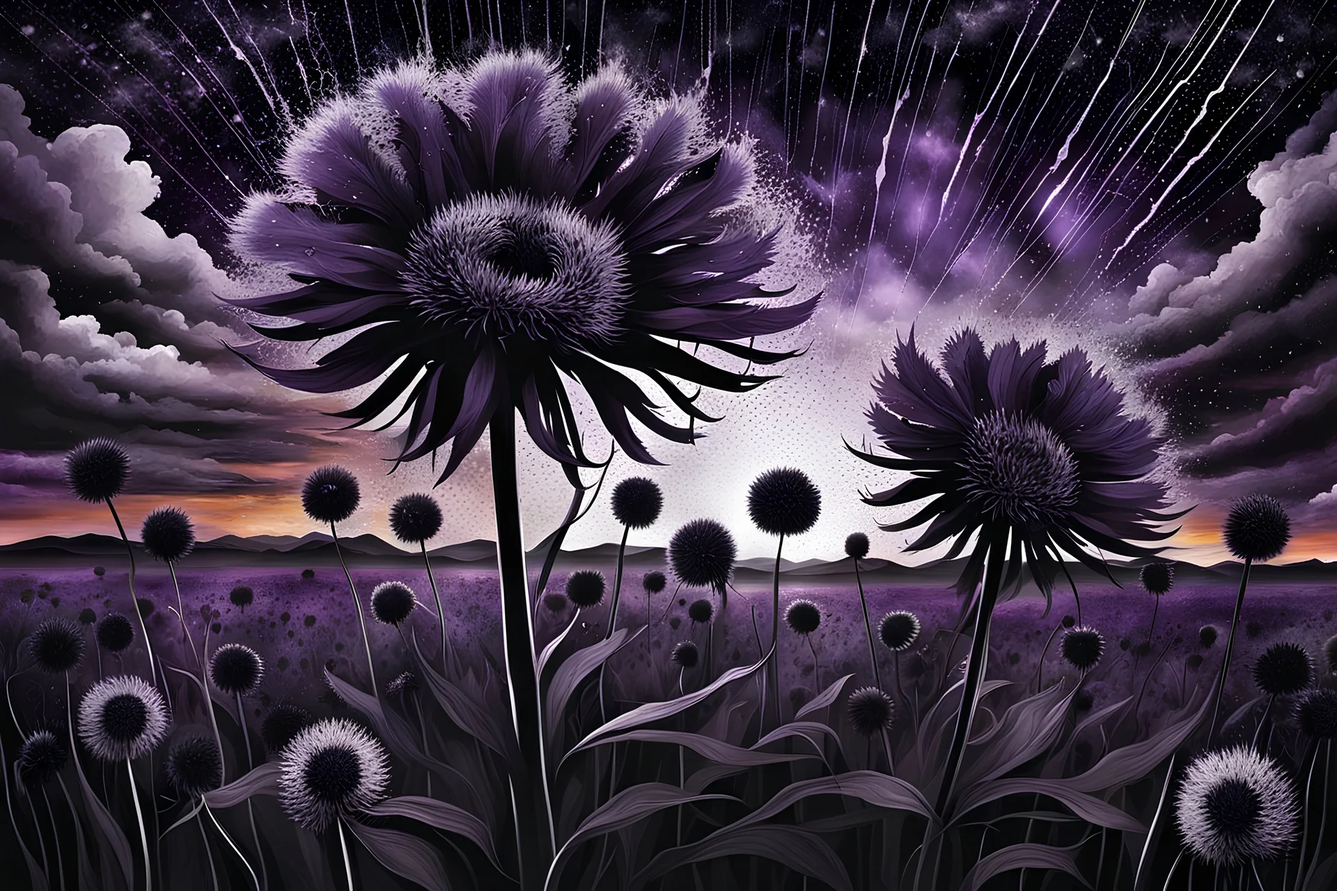 dark purple Sunset with big black Dandelions, , high textures, surreal style by dali, klee, bosch, weird, white-black colors, silver rain, sharp focus, splash art, intricately detailed, mystic, dark stunning mood