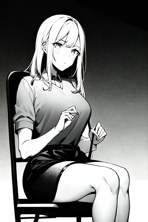 blonde girl speaks sitting on a chair, grayscale