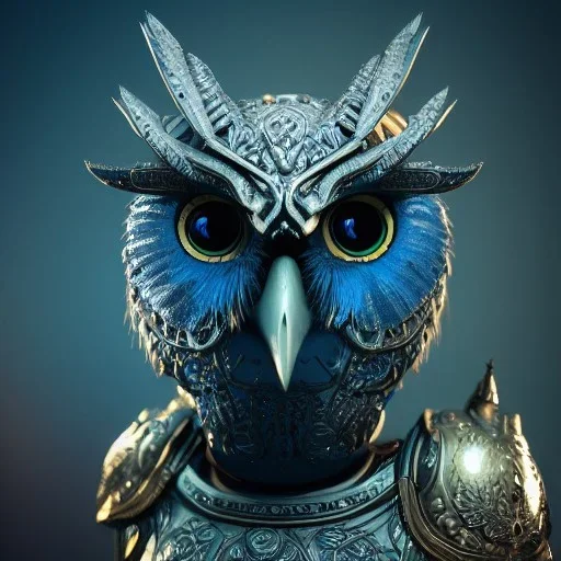 Anthropomorphic blue owl, big green eyes, lots of details, portrait, finely detailed armor, cinematic lighting, intricate filigree metal design, 8k, unreal engine, octane render, realistic, redshift render