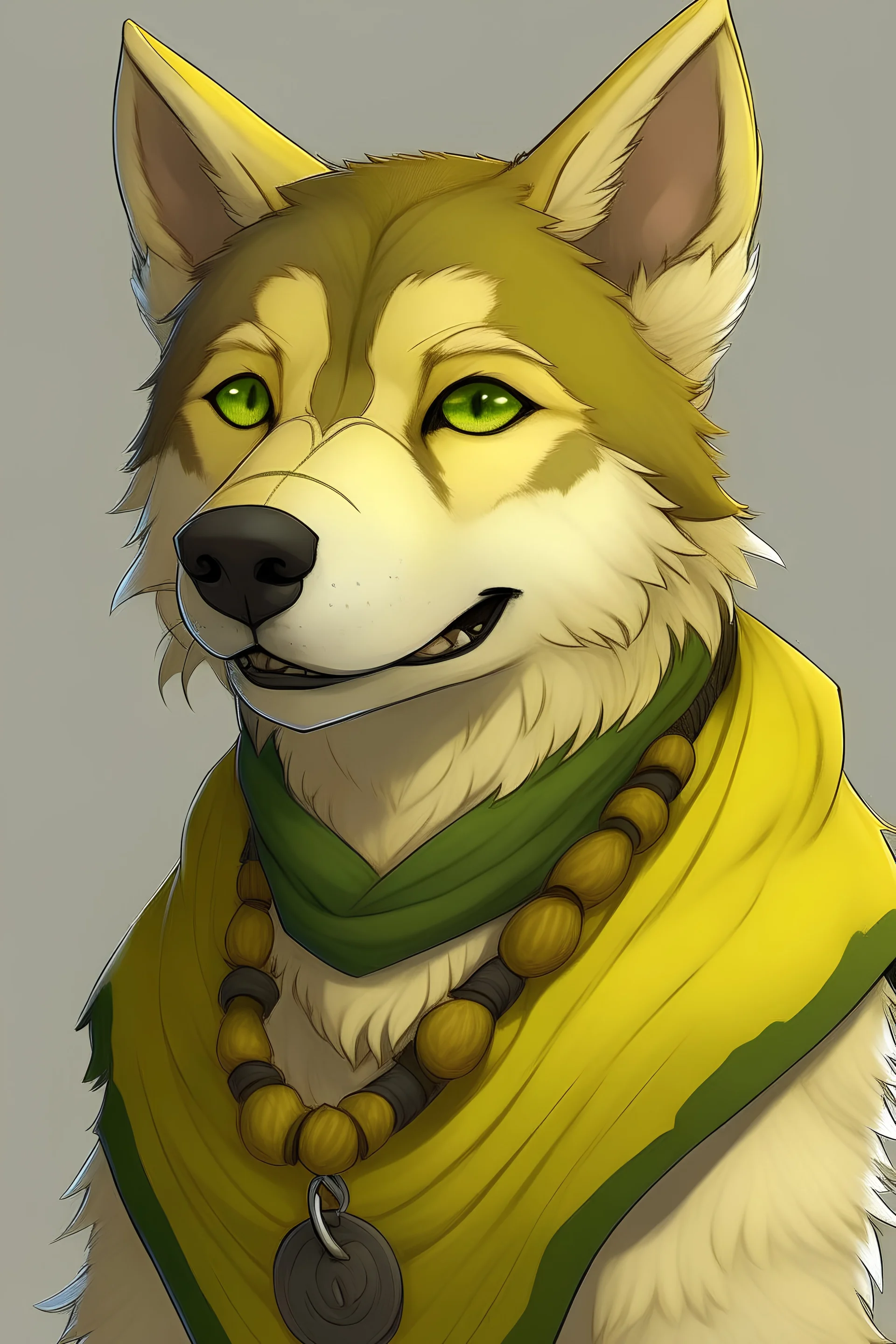 Medieval Anthro husky with fully yellow fur and green eyes as a dwarf