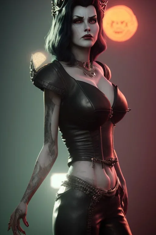 Amy Dumas as evil queen in black leather, leather, busty, cleavage, angry, rage, stern look. character design by cory loftis, fenghua zhong, ryohei hase, ismail inceoglu and ruan jia. unreal engine 5, artistic lighting, highly detailed, photorealistic, fantasy