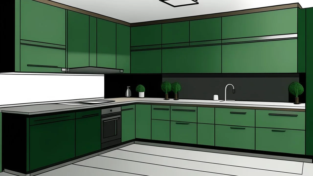 kitchen with dark green furniture, forest wallpaper on a white wall, very realistic