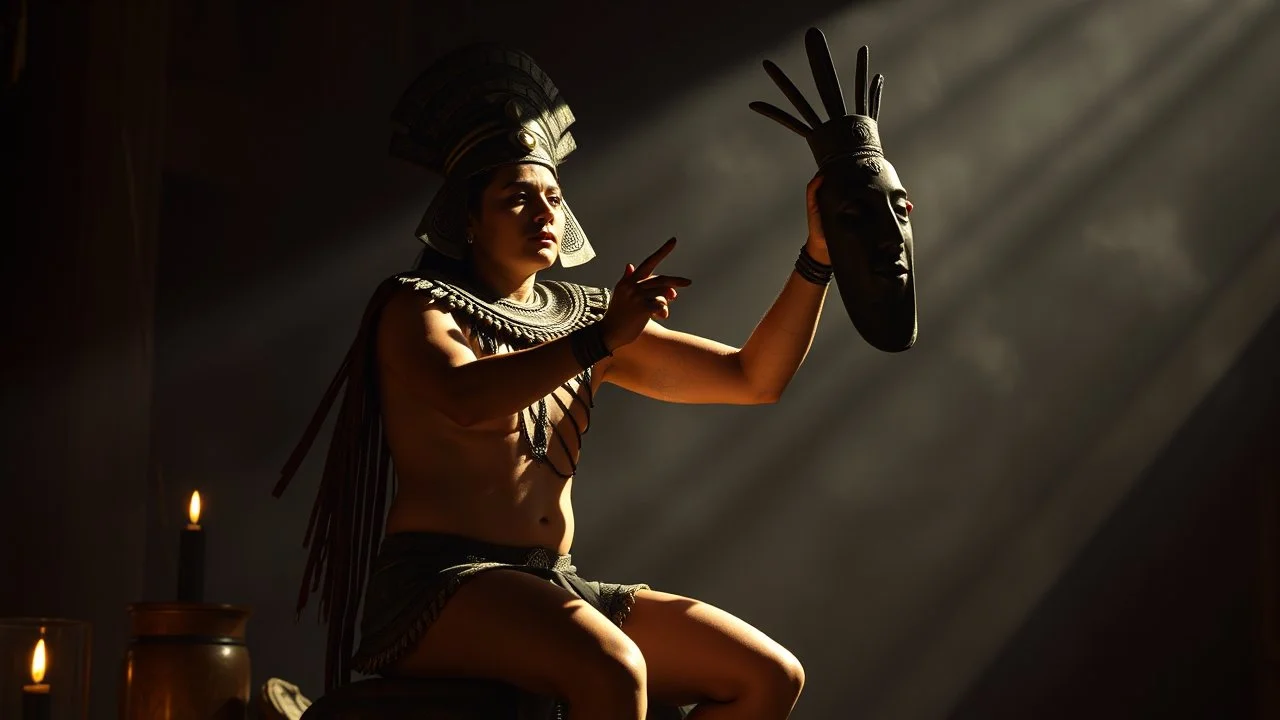 Artistic nude in a ritual pose, pre-Columbian style with geometric details, ceremonial atmosphere and intense light, accompanied by a mask