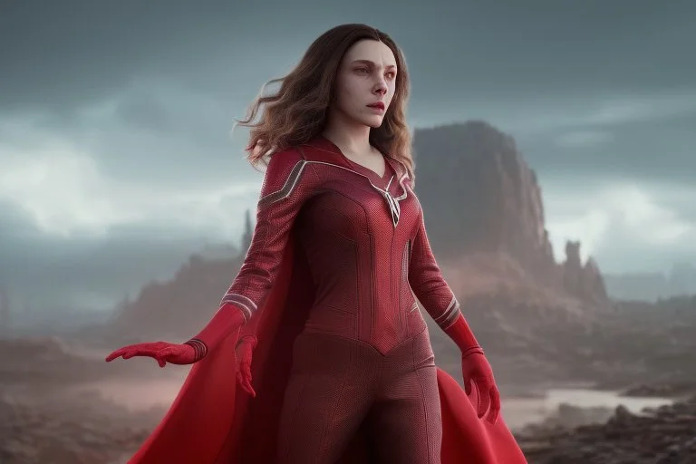 Wanda Maximoff, feiticeira escarlate usando traje vermelho de vestido, destruindo a realidade, governando o mundo, destruição, 4k render, dramático, cinematográfico, poderes destruindo tudo, expressão brava