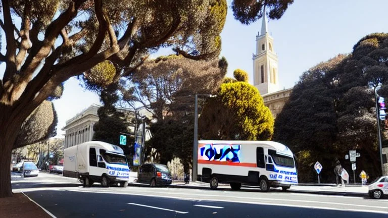 A police Tesla Cybertruck is chasing a Tesla 'Model S Plaid' at top speed, across the 'Golden Gate Park', in San Francisco. CINEMATIC. WIDE ANGLE LENS. PHOTO REAL.