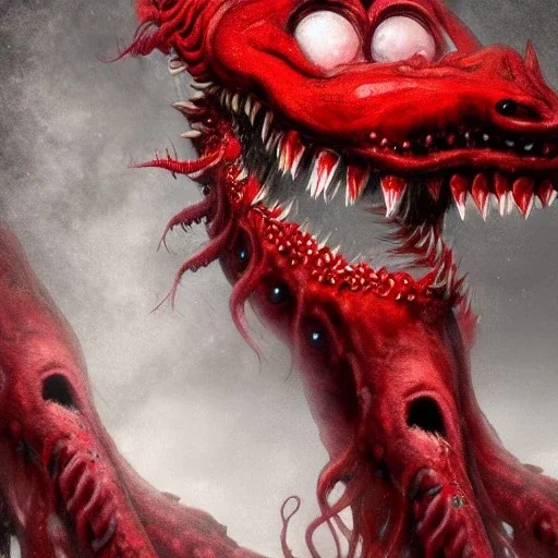 Red Tentacle monster with teeth, horror, detailed, realistic, gore, eyes, 4K, fantasy, scary