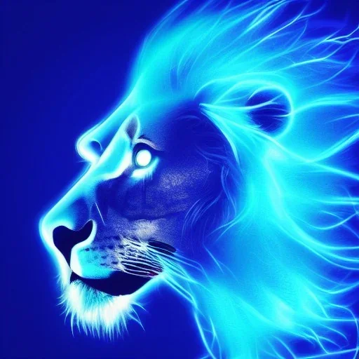 A beautiful portrait of a cyborg lion blue neon color scheme, high key lighting, volumetric light high details psychedelic background