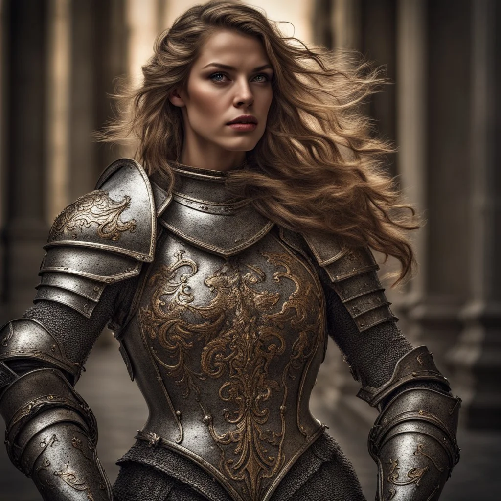 Behold the powerful alluring and pretty knight woman, her body adorned with the traditional knight armor, HDR, beautifully shot, hyperrealistic, sharp focus, 64 megapixels, perfect composition, high contrast, cinematic, atmospheric, moody