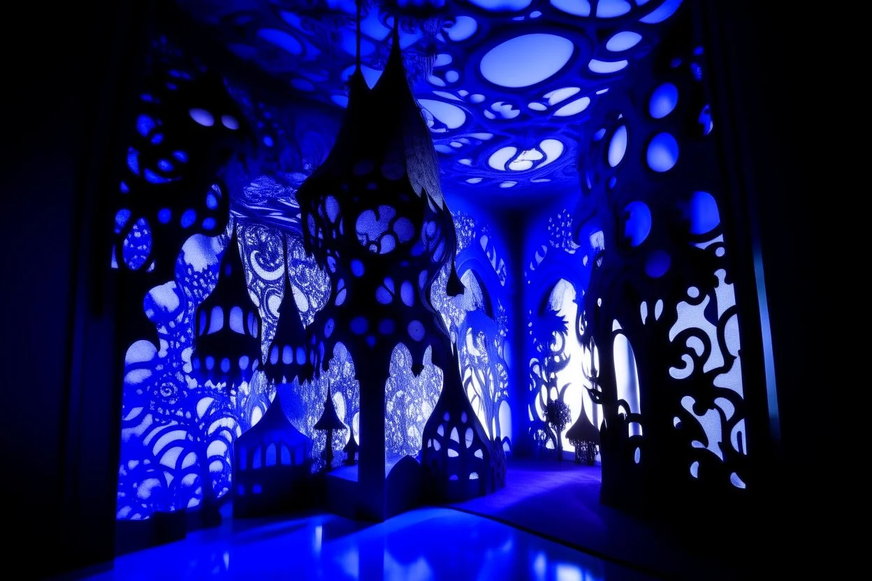 A purple outer space with ghosts of illusion designed in Javanese shadow puppets painted by Antoni Gaudi