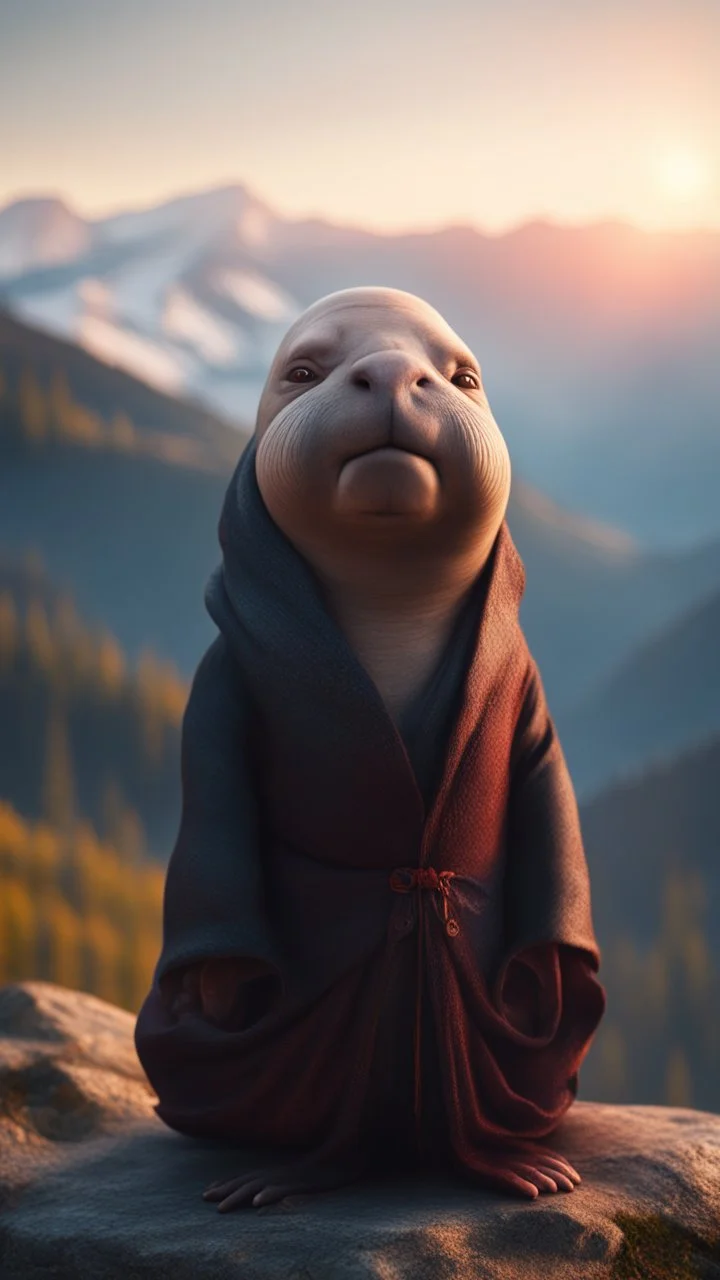 portrait of bald witch as yoga Vampire walrus in carpathians montains sun set ,bokeh like f/0.8, tilt-shift lens 8k, high detail, smooth render, down-light, unreal engine, prize winning