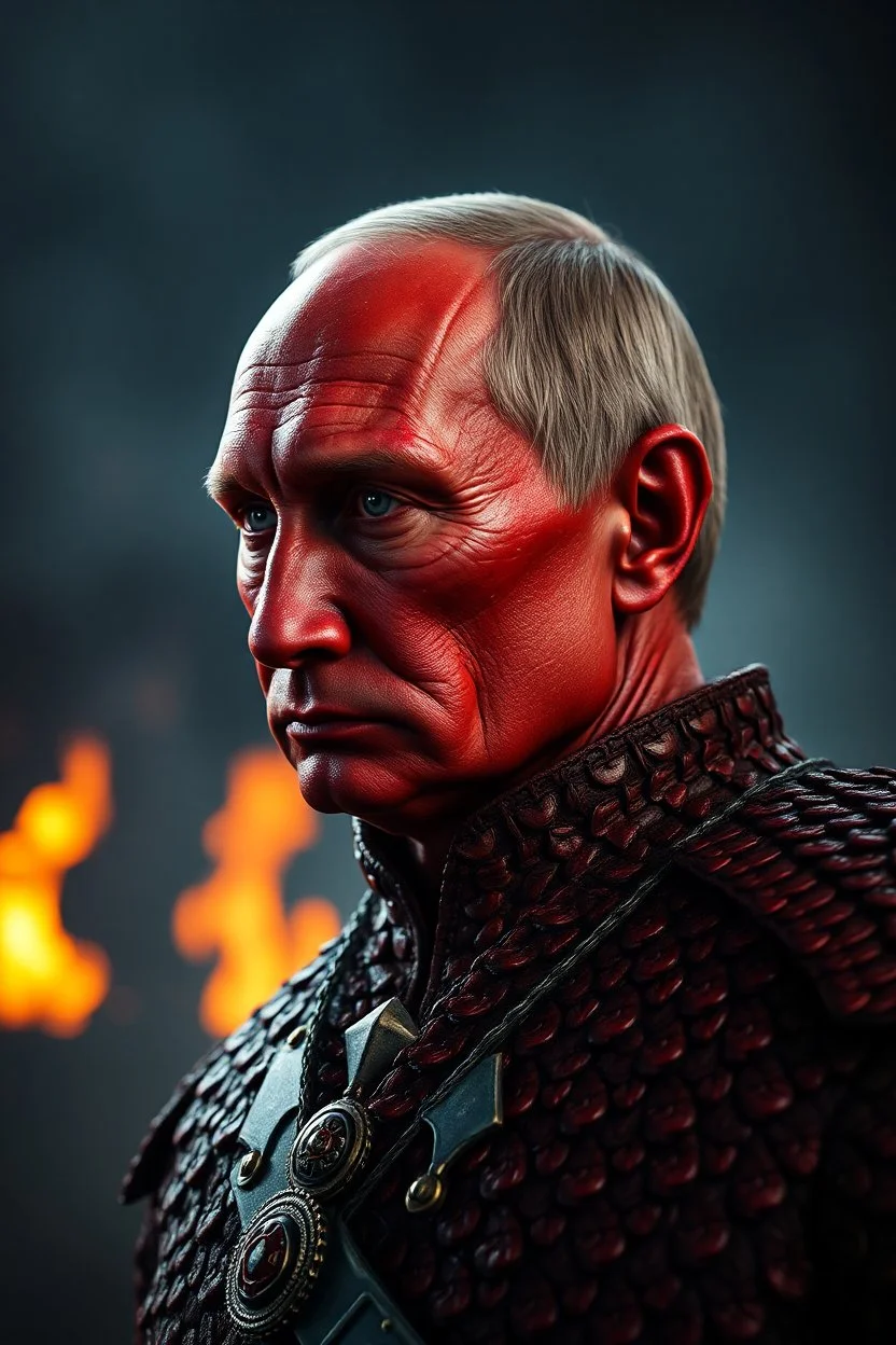 President Putin, red skin, scales, unreal engine 6, high detail, intricate, cinematic. photoshoot style, intricate, studio lighting, masterpiece , highly detailed, 8k, best quality, fire, smoke, dramatic,d,<lora:mshn:0.7>,<lyco:Warrior_Couture:0.5>,