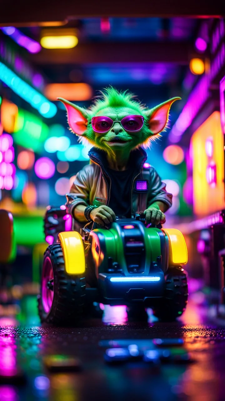 portrait of clone Hairy Gremlin myth buster pimp ninja yoga cyber punk in flying hipster lawn tractor parked in dark neon lit reflective wet arcade hall tunnel,bokeh like f/0.8, tilt-shift lens 8k, high detail, smooth render, down-light, unreal engine, prize winning