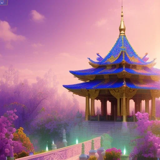 jolie petit temple hindou, lac turquoise, ciel rose et bleu, lumière, fleurs délicates, ambiance très réelle, 8k, Cinematic lighting. Photorealistic. Dynamic lighting. Imperial colors.