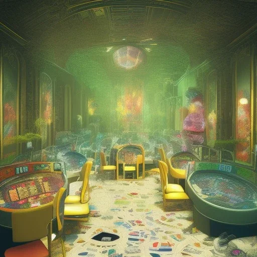 bright eyes, in warped underground wonderland casino, cards, lizard court, disturbing detail, pen and spray paint,3d render, creepy white ghosts