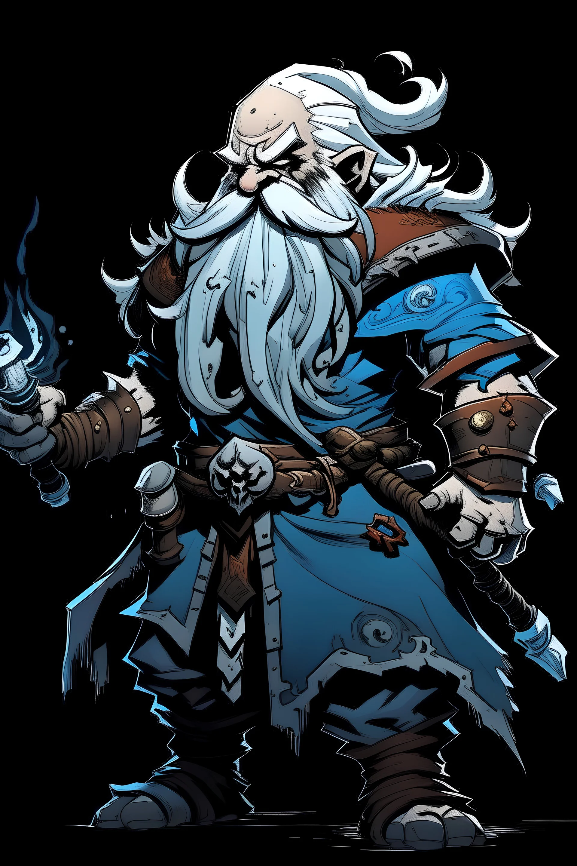 darkest dungeon style character art: blue-skinned dwarf man with white hair and beard, wearing armour and wielding a warhammer