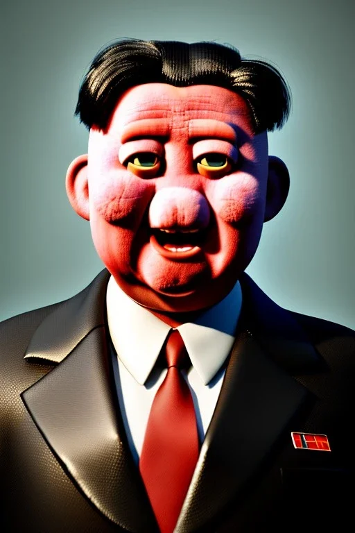 Waist up muppet Portrait, Kim Jong-un muppet doll, black suit, photo studio, red background, unreal engine 5, concept art, art station, god lights, ray tracing, RTX, lumen lighting, ultra detail, volumetric lighting, 3d.