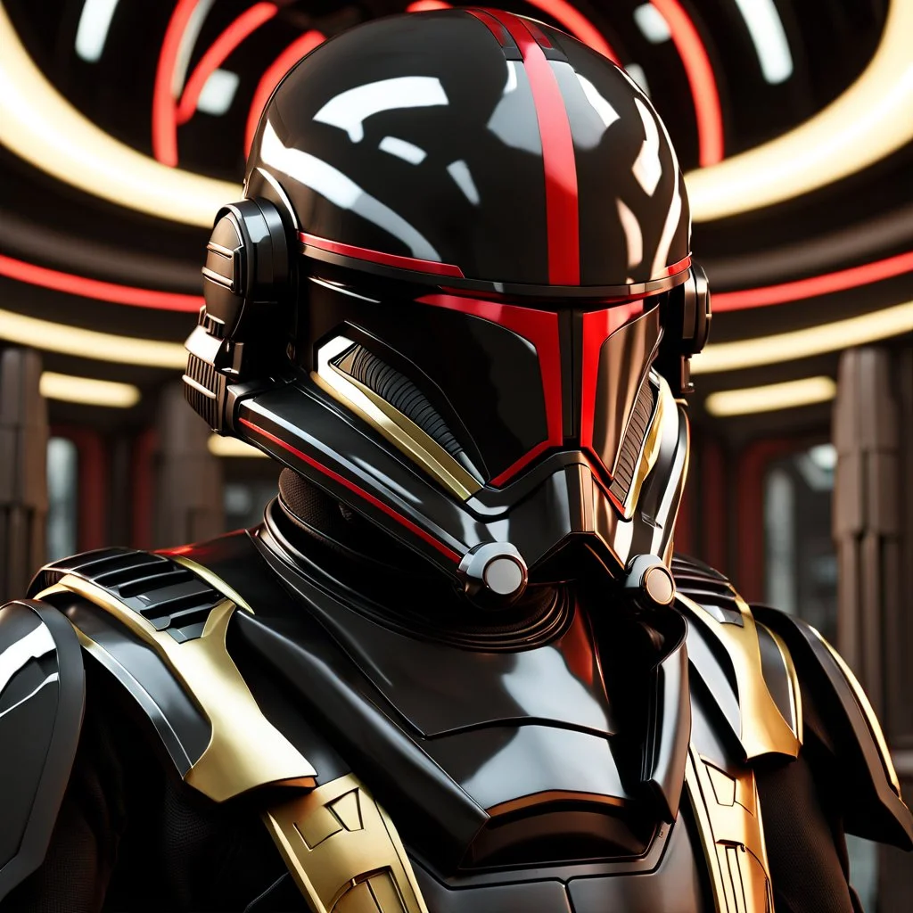 star wars bald male corellian pilot wearing pearlescent black and gunmetal grey First Order special forces heavy assault stealth commando armor and helmet with gold and red trim inside the jedi temple, hyperdetailed, dynamic lighting, hyperdetailed background, 8k resolution, volumetric lighting, light skin, fully symmetric details