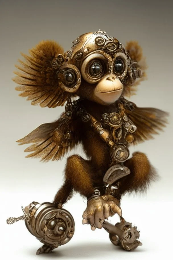 small cute steampunk mechanical monkey, made of metal with mechanical wings