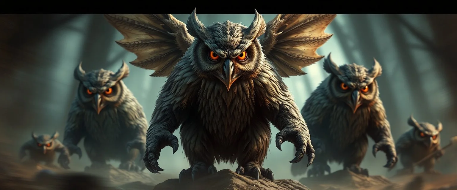 bad ass Owlbears overlord with some kobolds, hyperrealism, motion blur background